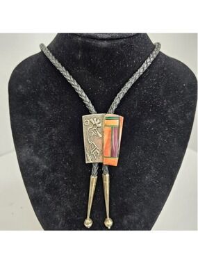 Frank Yellowhorse Signed Navajo Sterling Silver Multi Stone Inlay Bolo Tie